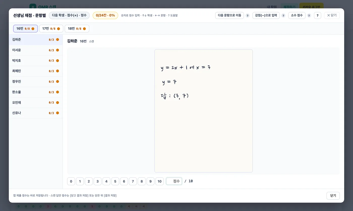 선생님 채점 · 문항별 창 — 위쪽에 16번·17번·18번 문항 단추, 왼쪽에 학생 여덟 명 목록, 가운데에 김하준 학생의 16번 손글씨 풀이 칸이 크게 보이고 아래에 0부터 10까지 점수 버튼이 있다