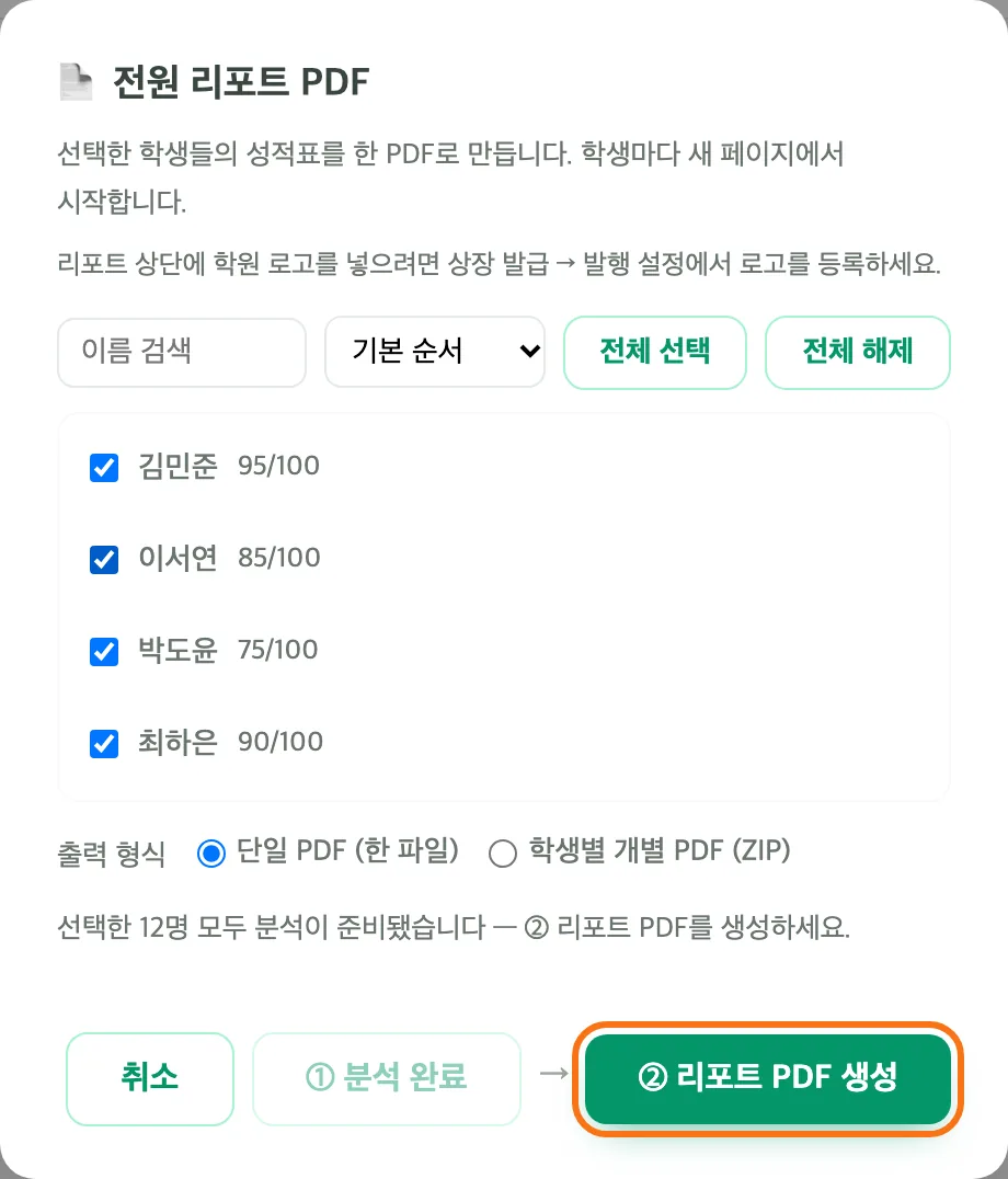 전원 리포트 PDF 창 — 학생 체크 목록, 출력 형식, 모두 분석이 준비됐다는 안내와 「② 리포트 PDF 생성」 버튼이 강조돼 있다